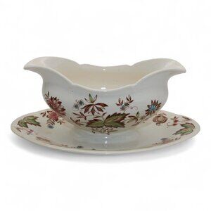 Vintage Windsor Ware Wakefield 9" Ceramic Gravy Boat & Saucer Hand Engraving Flo